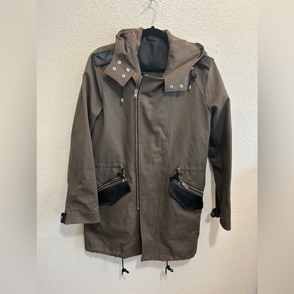 The Kooples Brown Gray Cotton Twill Leather Trim Mens Fishtail Parka Jacket - Picture 2 of 16